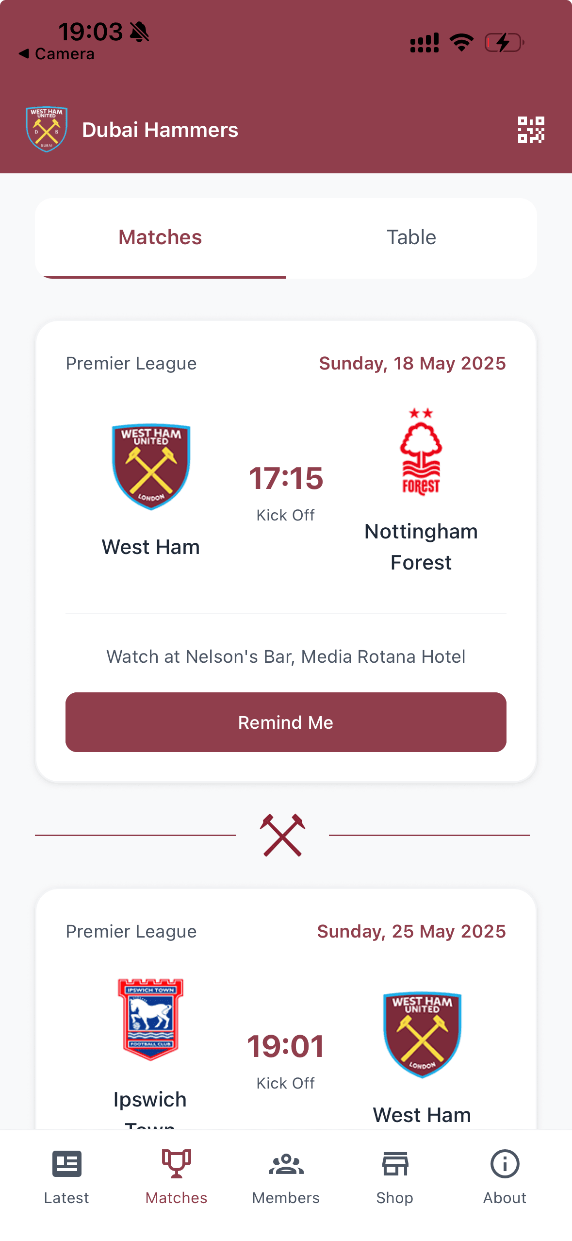 Dubai Hammers mobile app screenshot